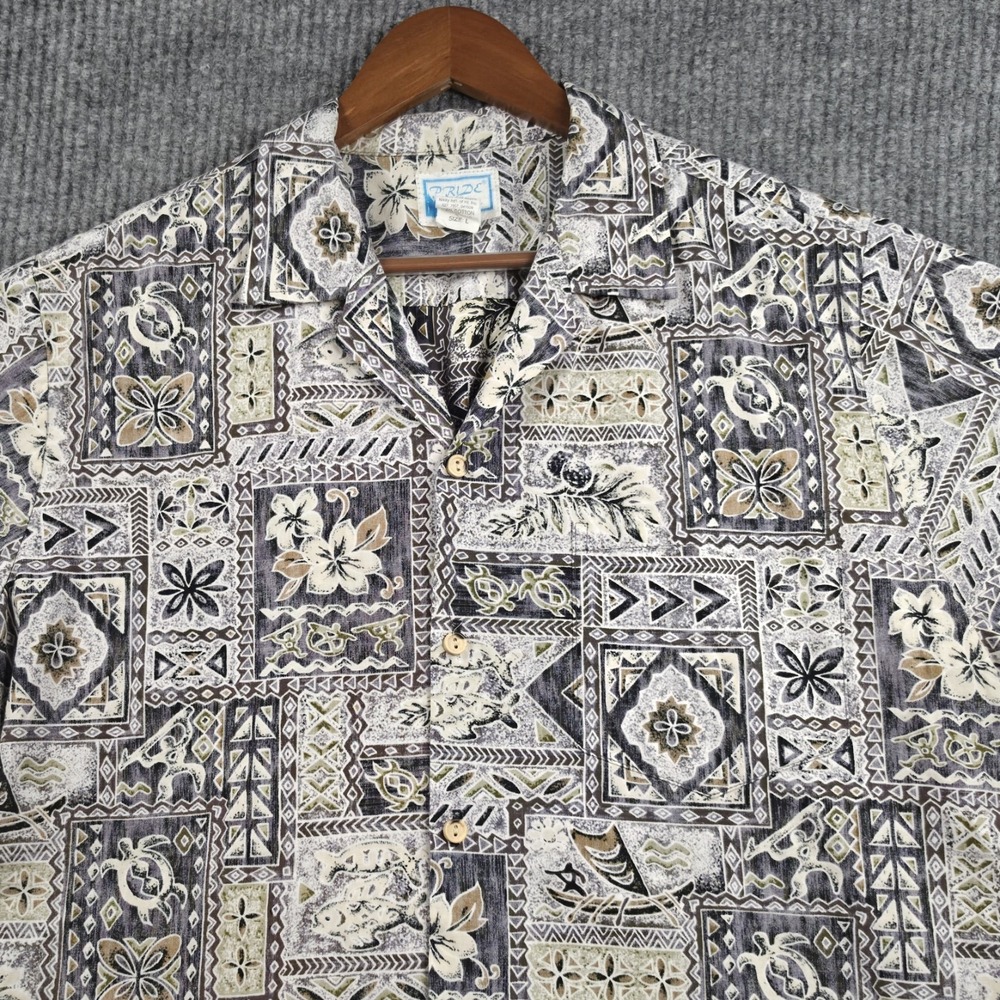 Pride of Hawaii Style 704P Mens Size L Grey Beige Turtle Aloha Shirt Vintage Y2K